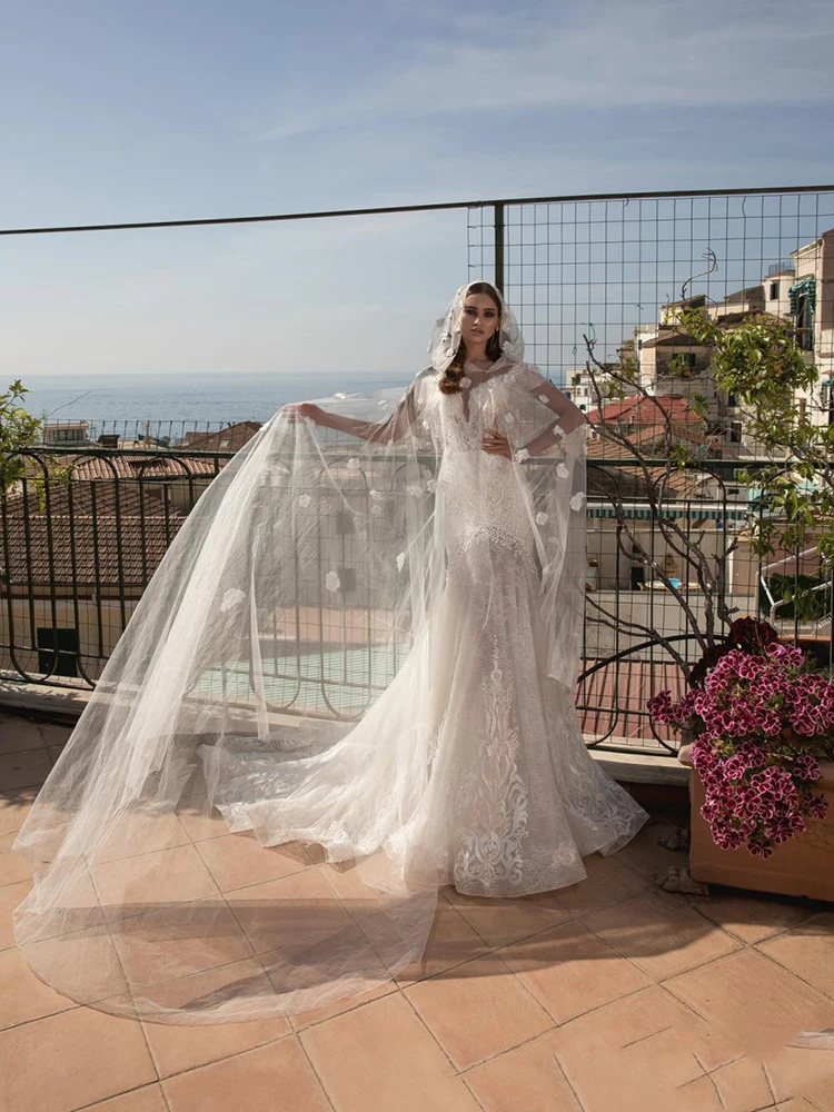 

MNGRL Luxury Retro V-neck Sleeveless Mermaid 3D Flower White Lace Wedding Dress Hand Drill Tail Wedding Gown Backless