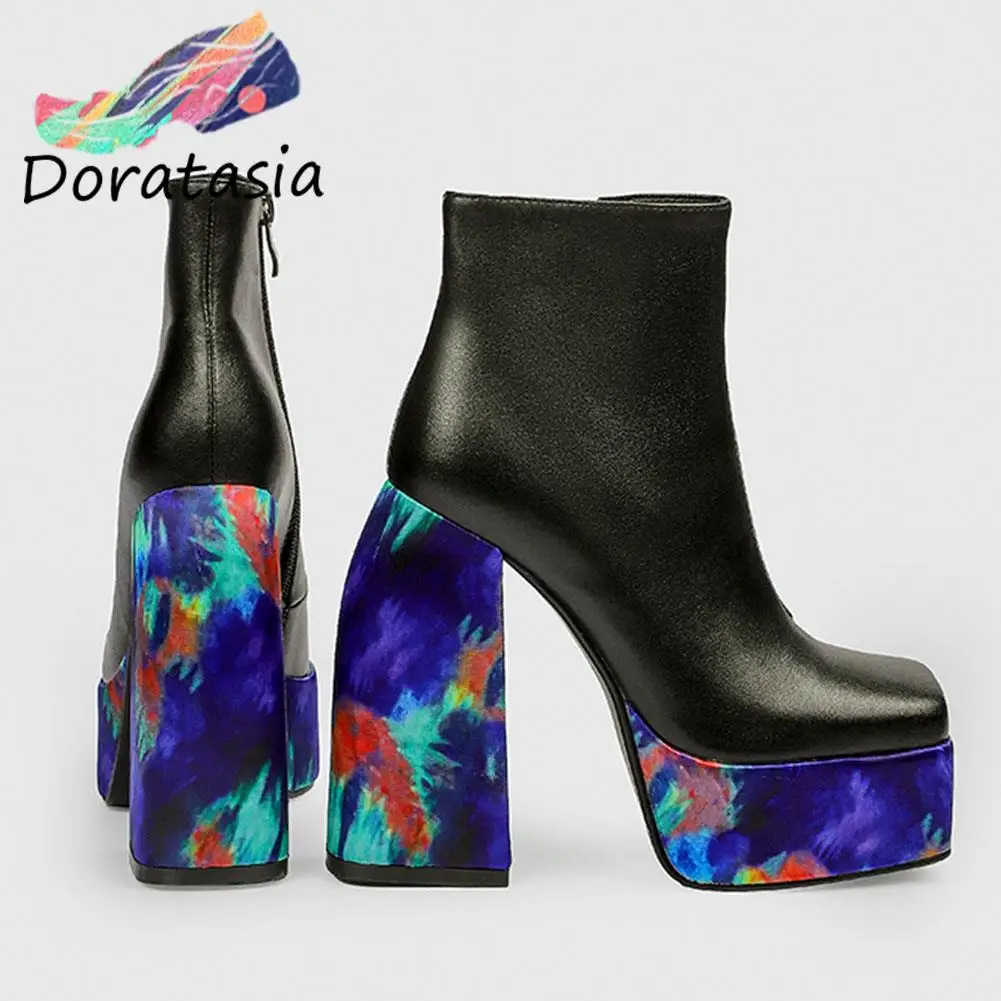 

Женские ботинки из натуральной кожи DORATASIA, ботильоны на высоком устойчивом каблуке, с квадратным носком, на молнии, однотонные зимние элеган...
