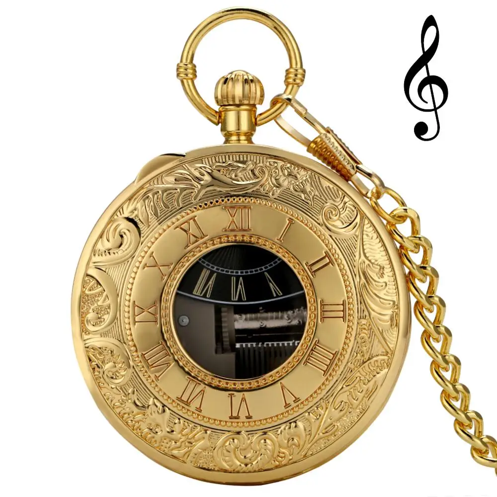 Exquise золото музыкальное движение карманные часы рукоятка воспроизведении музыки