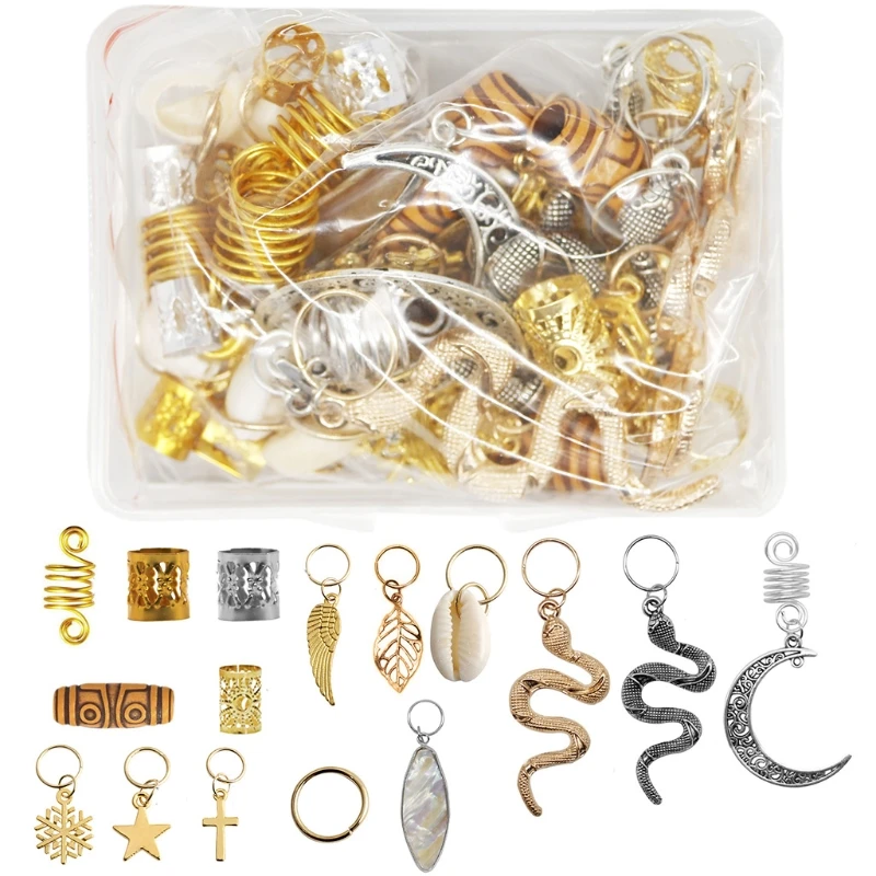 

Hair Braid Rings Pendants Metal Hair Accessories Wood Beads Braid Accessories Shell Charms Hair Decor with Storage Box