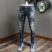 italian style fashion men jeans retro blue elastic slim fit ripped jeans men patch painted designer hip hop denim punk pants