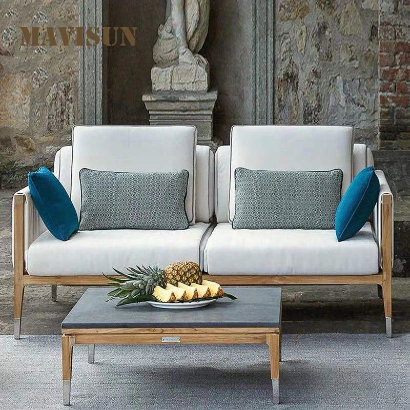 

Waterproof Sunscreen Fabric Solid Wood Nordic Style Outdoor Furniture Teak Sofa Leisure Courtyard Garden Rattan Chair Set