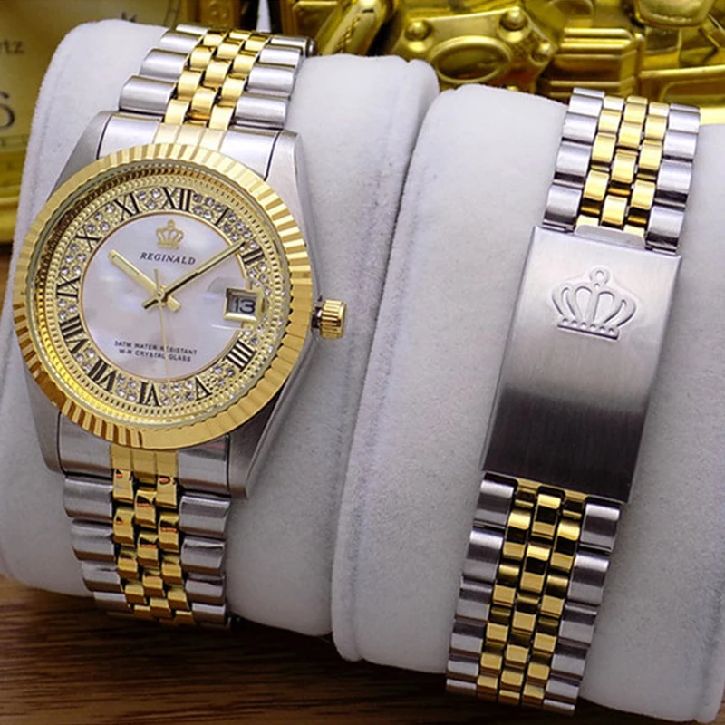 

REGINALD High Quality Men Top Brand Luxury Gold Copy Watch Stainless Steel Calendar Genava Male Wristwatches For Dropshipping