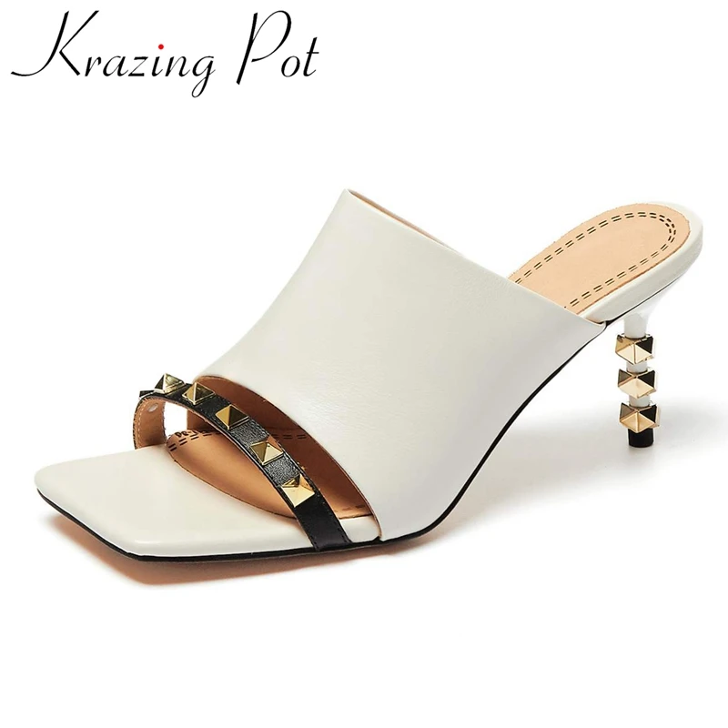 

Krazing pot summer genuine leather square toe strange style mules rivets gentlewoman slip on outside slipper med heels shoes L18