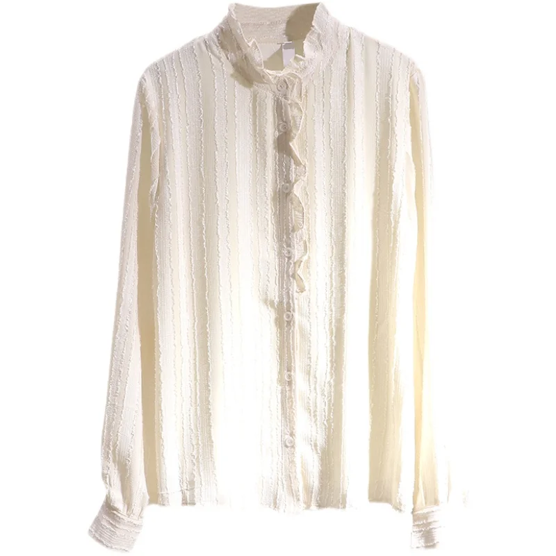 

Ruffles Lace Women Shirts Beige Loose All Match Chiffon Long-Sleeved Office Lady Elegant Outwear Tops