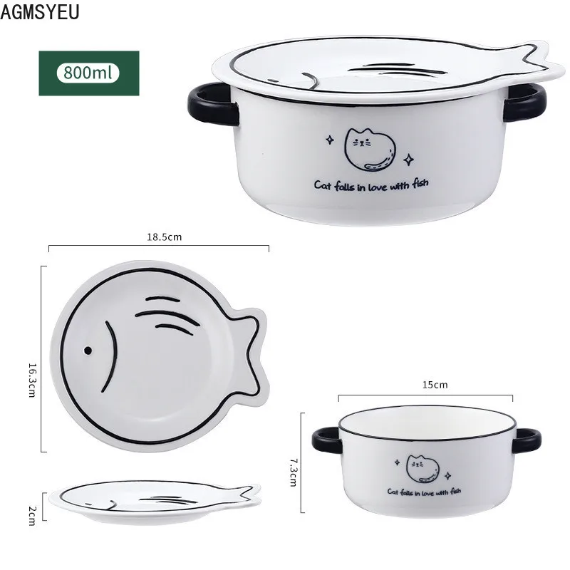 

AGMSYEU simple cartoon cat ceramic tableware household instant noodle bowl double handle soup bowl with lid student noodle bowl
