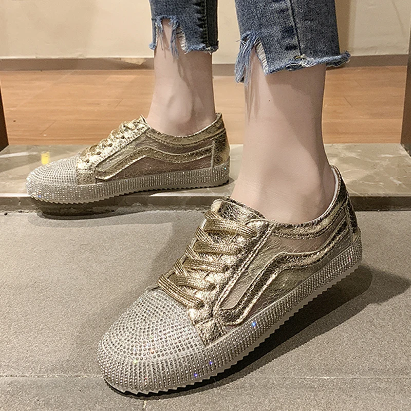 wetry Loafers Women Platform Flats Faux Rhinestone Sneakers Lace-up Silver Solid Creepers Mujer Casual Flat Shoes