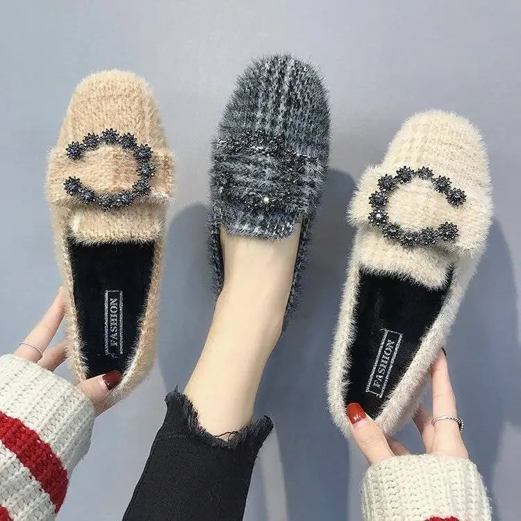 

Autumn Winter Flat Women Shoes Plush Keeps Warm Casual Lady Shoes Slip On Loafers Non-slip Comfortable Warmth Cotton Shoe New
