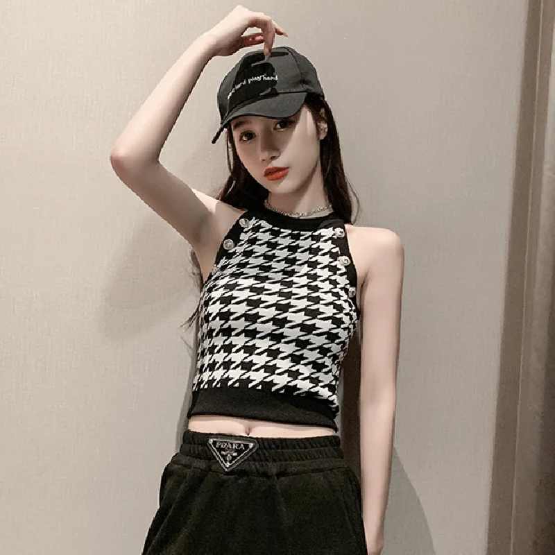 

Autumn Summer Women's T-shirt 2021 New Thousand Bird Lattice Button Decorative Hollow Bottomed Knitted Skinny Waistcoat For y2k