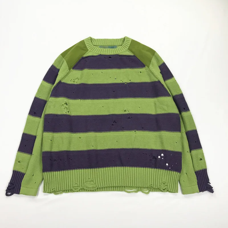 Y Demo Korean Casual Loose Sweater Women O Neck Long Sleeve Striped Knitted Pullover Frayed Holes Couple Hip Hop Clothing Autumn | Женская
