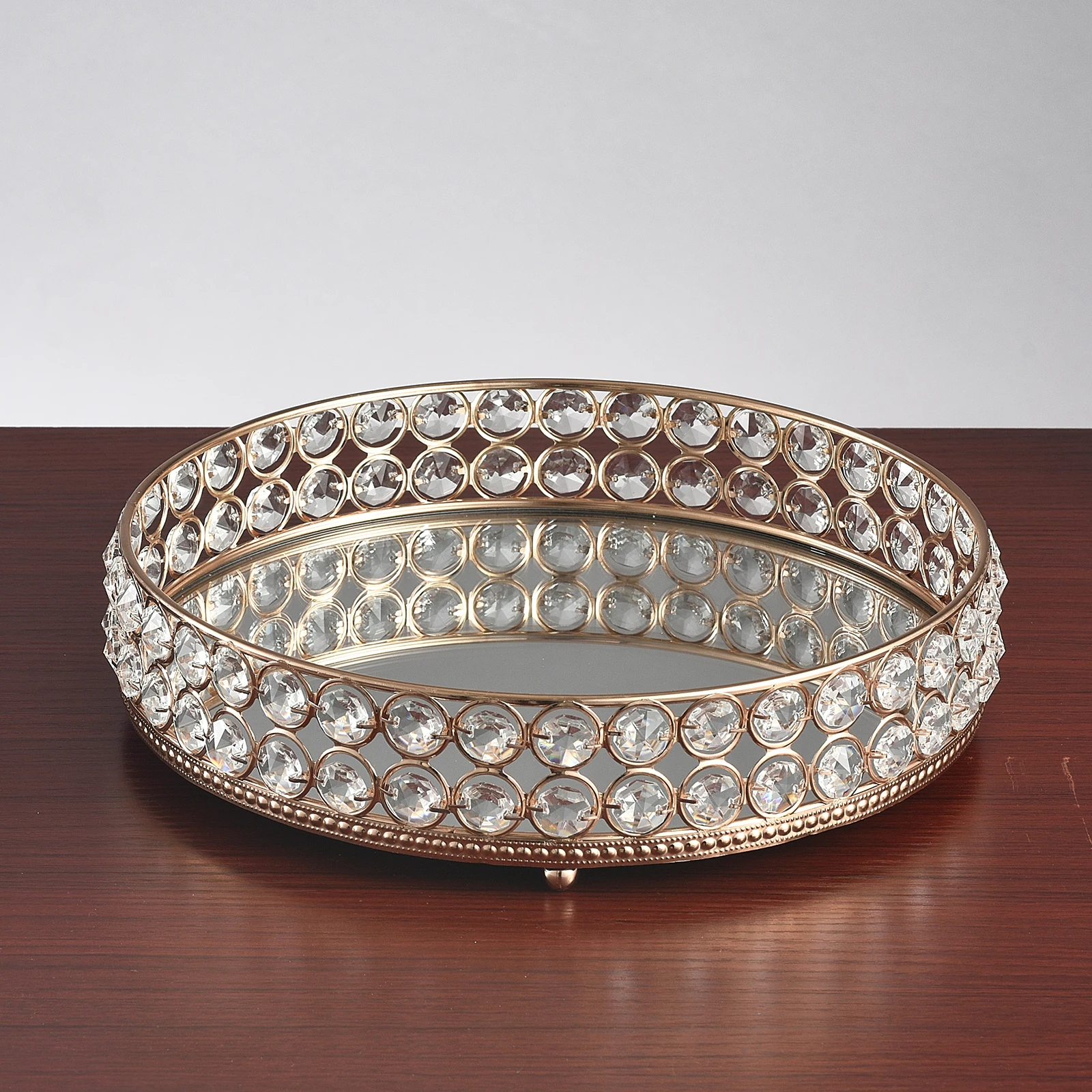 

ROUND MIRROR CANDLE TRAY JEWELLED DIAMANTE TRAY CRYSTAL WEDDING CANDLE PLATE MAKEUP STORAGE BOX DESSERT FRUIT SERVING TRAY