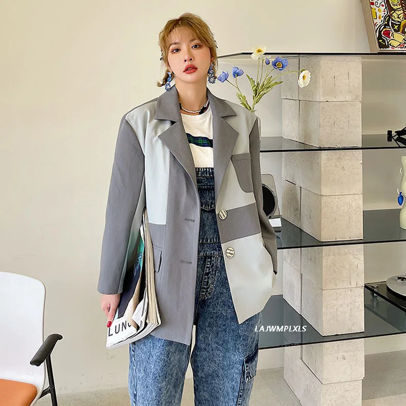 

Spring Autumn 2021 Women Hit Color Big Size Blazer New Notched Long Sleeve Loose Fit Jacket Fashion Tide