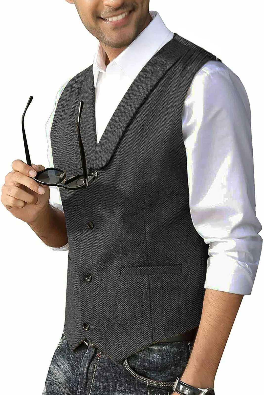

Dark Grey Men Vests Herringbone Tweed Shawl Collar Suit Waistcoat Sleeveless Jacket Tailor-made Formal Winter Business Clothing