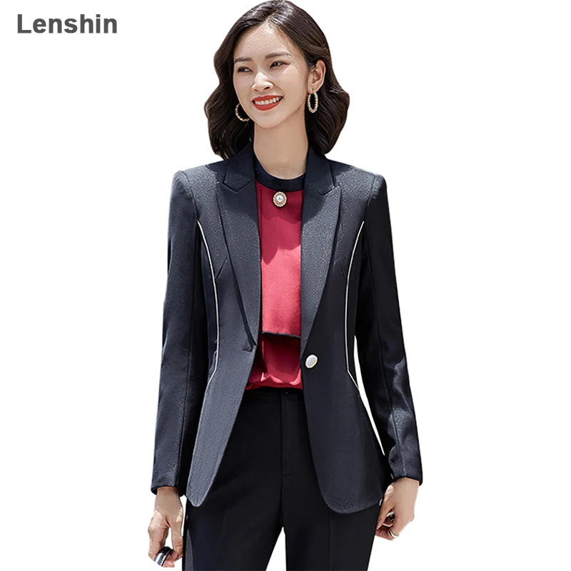 Lenshin High Quality 2 Piece Set Formal Pant Suit Binding Blazer Office Lady Uniform Design Women Business Jacket and Flare Pant