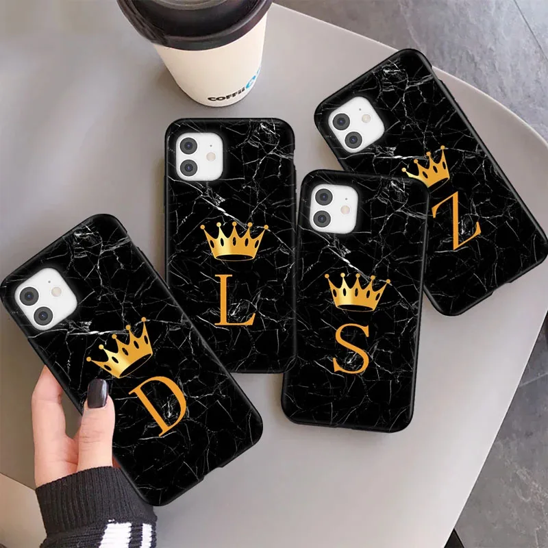 

Luxury Crown Golden Initials Phone Case For Samsung Galaxy S21 Plus S20 S10 S8 S9 Plus S20 Ultra S10E Soft TPU Matte Cover Shell