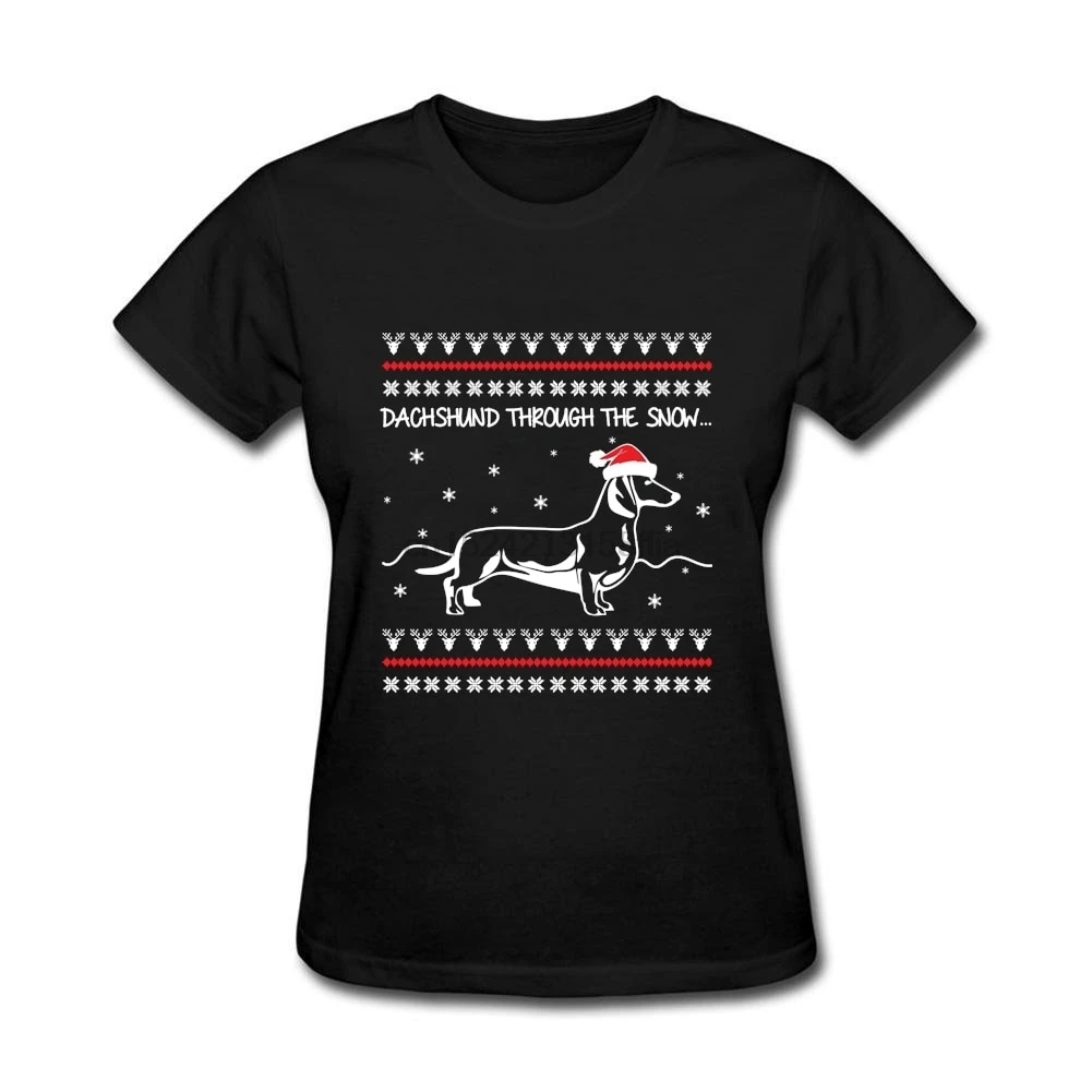 

Ugly Christmas Sweater T-Shirt Womens Customize Dachshund Through The Snow T Shirt Women