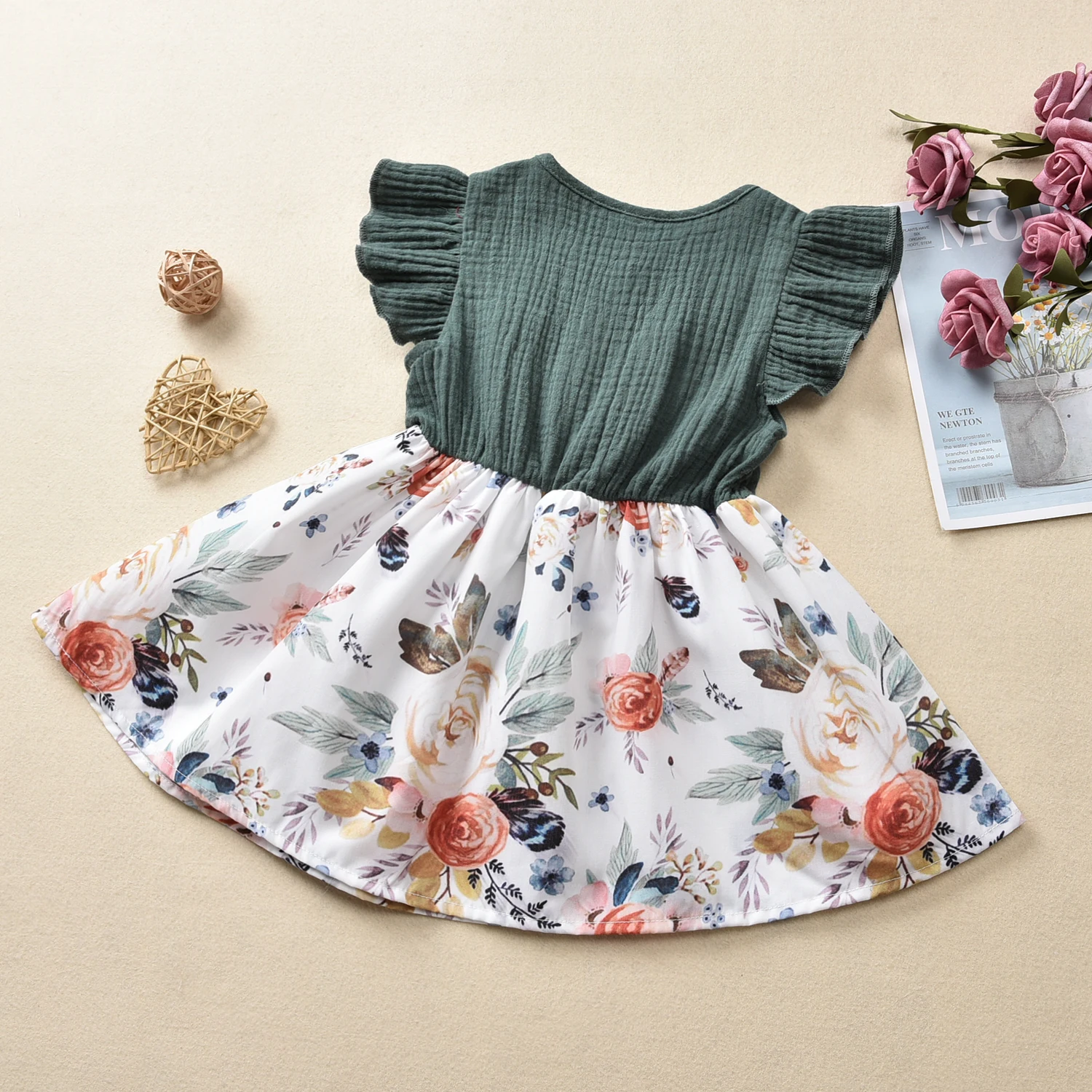 Summer Kids Dress 0-4Y Toddler Baby Girl Button Green Ruffle Floral A-line Cotton Clothes Party Sundress | Детская одежда и обувь