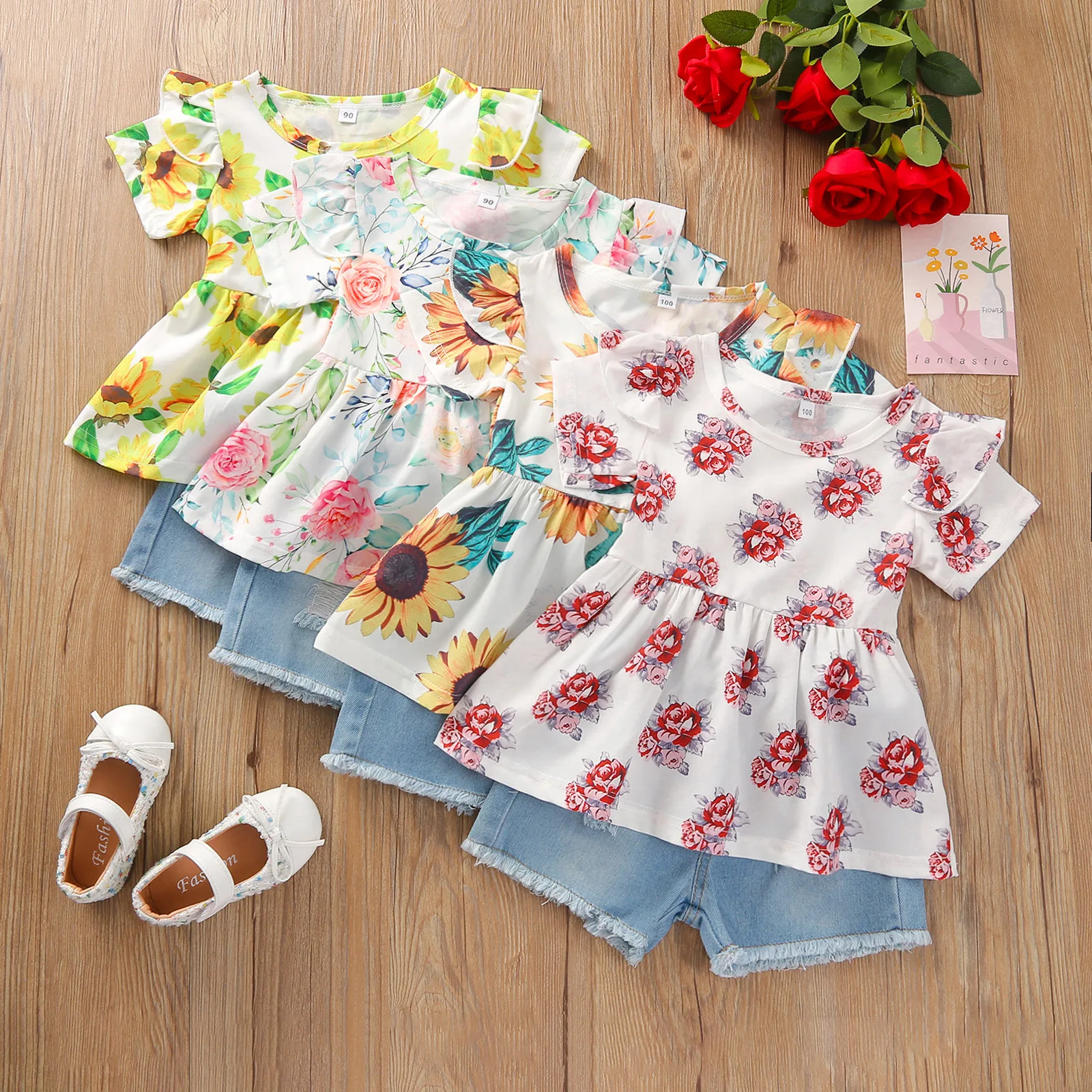 

Kids Baby Girls Summer Short Sleeve Ruched Tops Flower T-shirts Denim Hole Shorts Pants Toddler Children Clothes Set 2pcs 18M-6Y