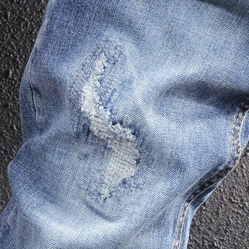 Street Style Fashion Men Jeans Retro Blue Elastic Slim Fit Ripped Jeans Men Patchwork Designer Vintage Casual Denim Pencil Pants