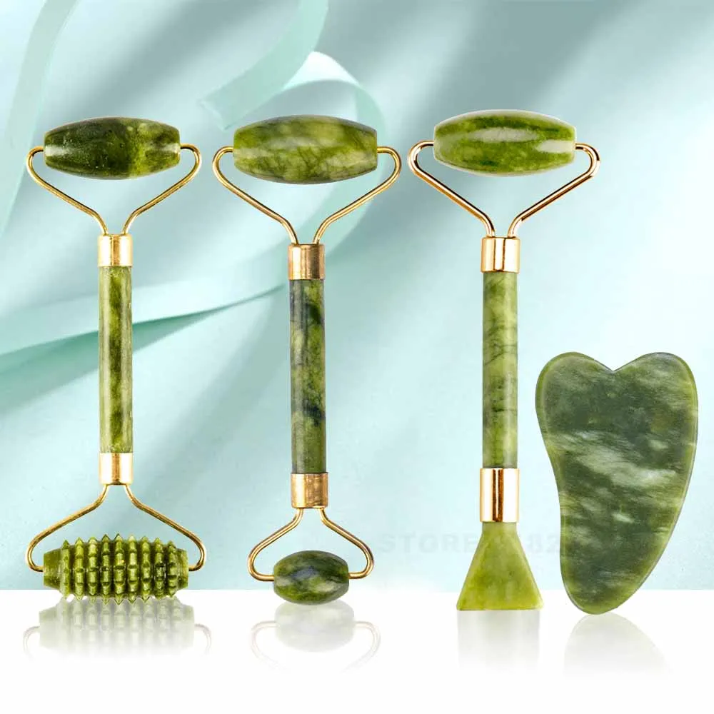 

2PC Face Massager Green Jade Rollers Facial Skin Care Tools Natural Stone Gouache Scraper For Face Beauty Roller Massagers Set