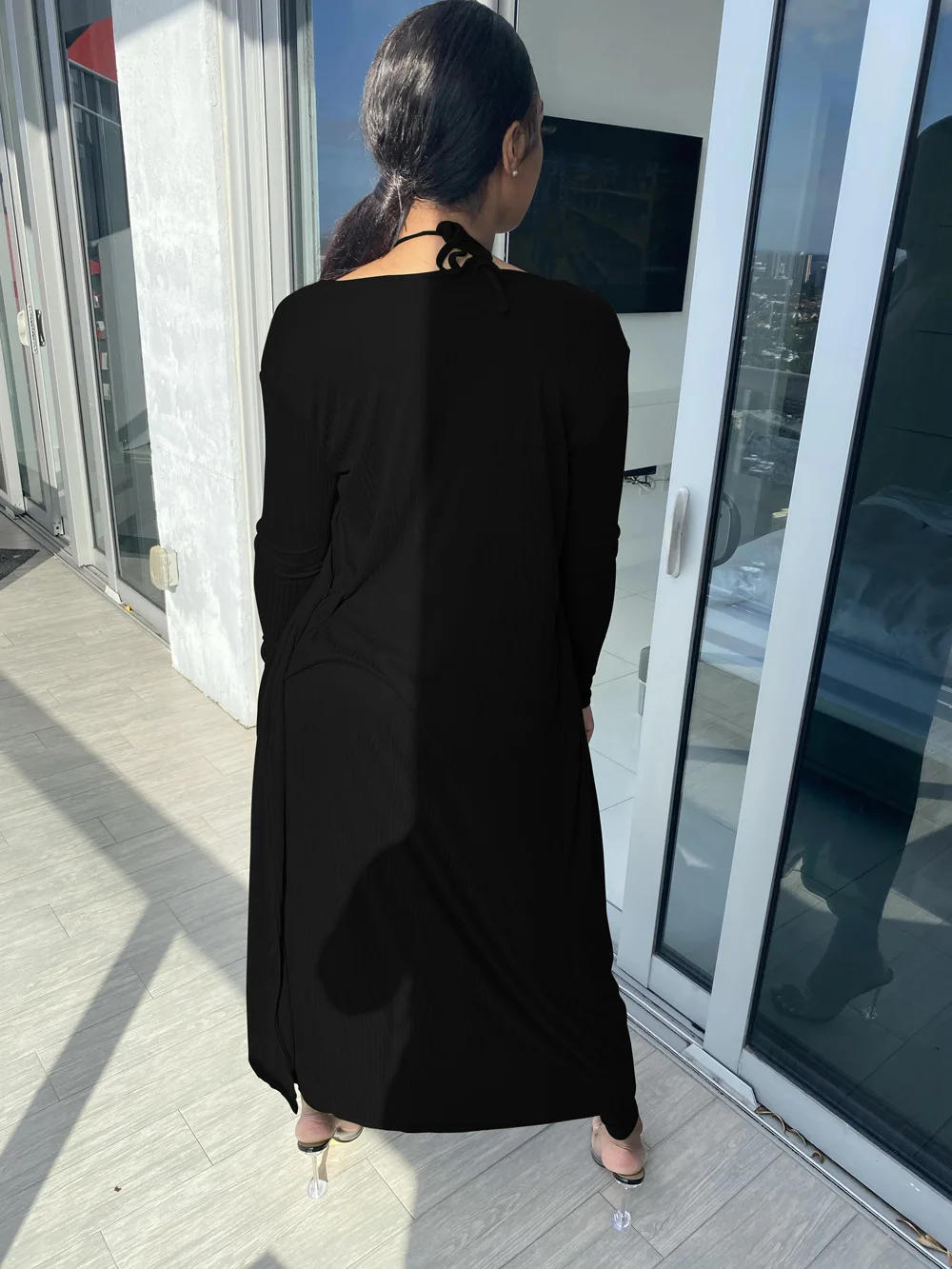 

Elegant Autumn Winter Knitted 2 Piece Set Long Coat and Deep V-neck Crop Jumpsuits Suits Women's Sexy Indoor Home Outfits
