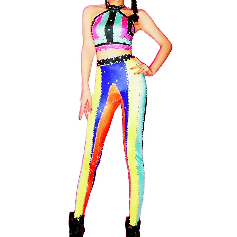 

Women Diamonds Rainbow Colorful Sleeveless Halter Tops Pants 2 Pieces Set Nightclub Pole Dancing Costumes DJ Singer Stage Wear