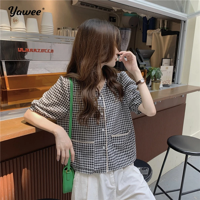 

Spring summer Women Fashion plaid Blouses Solid Plus Size Female Clothes short Sleeve Chiffon Shirts Women Simple Loose Shirts