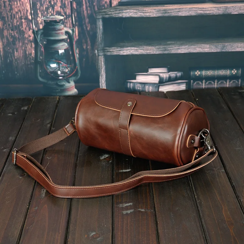 

Weysfor New Casual Men's Shoulder Bags PU Leather Barrel-Shaped Crossbody Bags Waterproof Sport Shoulder Bag Coin Purse for Men