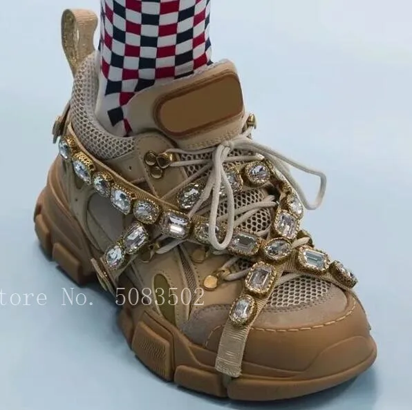 Fashion Genuine Leather Air Mesh Clunky Sneakers Glitter Crystal Belt Women Casual Shoes Sport Shoes tenis feminino