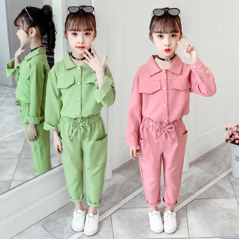 

Spring Autumn Clothing Suits Girls Clothes Solid Color Overalls Trousers Big Children Kids Clothes Girls Clothing Suits