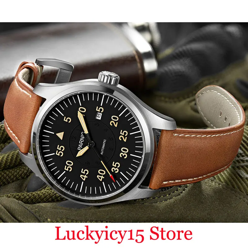 Лидирующий бренд 44 мм автоматические мужские часы индикатор Даты сапфировое