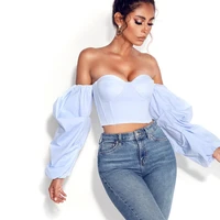 2020 womens autumn irregular sexy fashion short top off shoulder blusas long stacked sleeve blue white blouses casual bustier