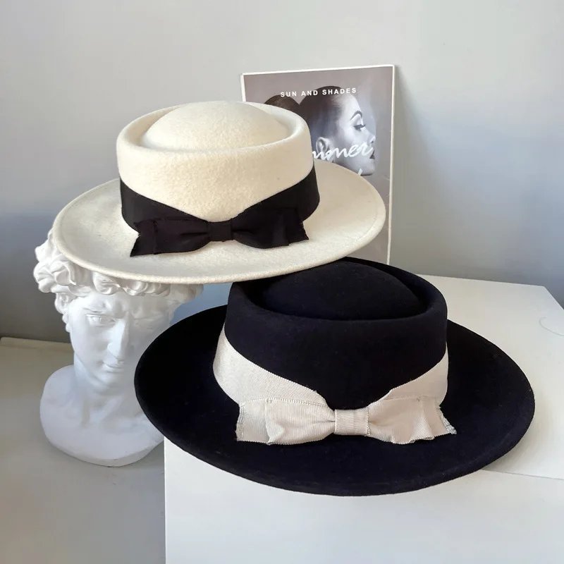 

New Winter High Quality 100% Color Wool Hat Ladies Classic Bowknot Concave Top Bowler Hat Fedoras Cap Women Panama Jazz Felt Hat