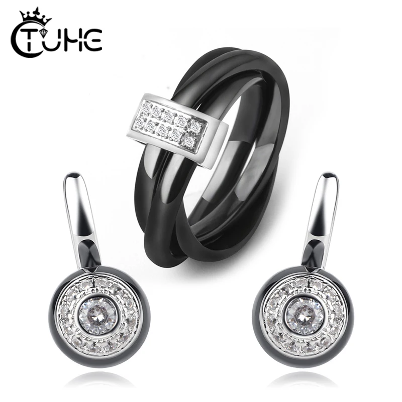 Женский ювелирный набор из трех колец серьги-гвоздики с белым кубическим