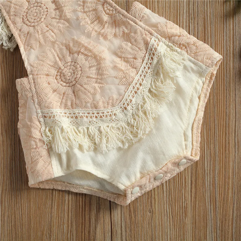 

Newborn Baby Girl Lace Romper Sweet Lace Crochet Sleeveless Backless Tassel Romper Toddler Baby Gril Flower Tie-up Jumpsuit 0-2Y
