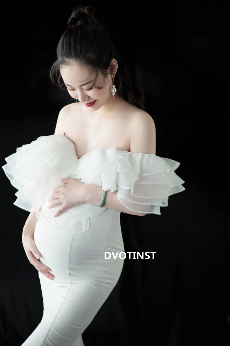 Dvotinst Women Photography Props Maternity Dresses Slim Fishtail Off Shoulder Pregnancy Dress for Studio Shoots Photo Props enlarge