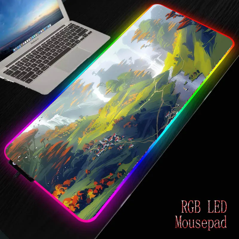 

MRGBEST River Trees Mountain Waterfall Painting Gaming Computer Mousepad RGB Large Mouse Pad Gamer Carpet Big Mause Pad