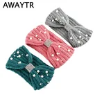 AWAYTR зимний теплый вязаный головной убор с жемчугом и бантом, стразы, головной убор для женщин и девочек, Европейский цельный тюрбан, повязка на голову