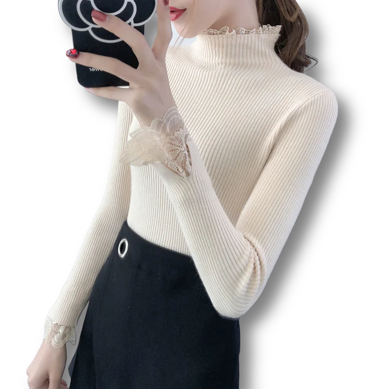 

Lace Patcwork Knitted Turtleneck Women Sweater And Pullovers Solid Elastic Office Lady Elegant Pulls Outwear Tops