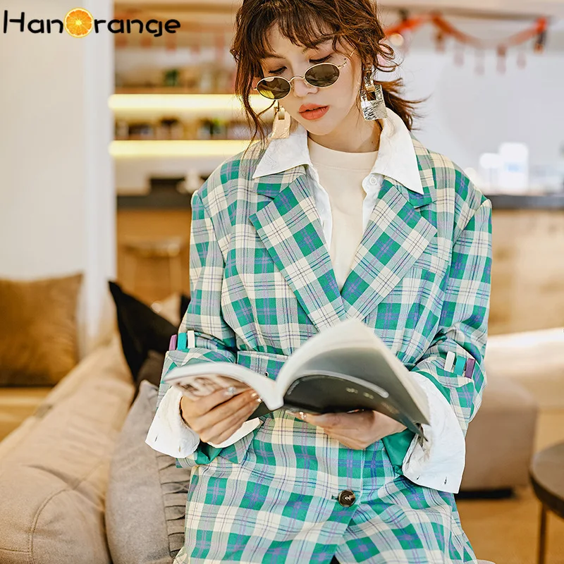 Женский Длинный блейзер в клетку зеленое клетчатое пальто с поясом элегантная