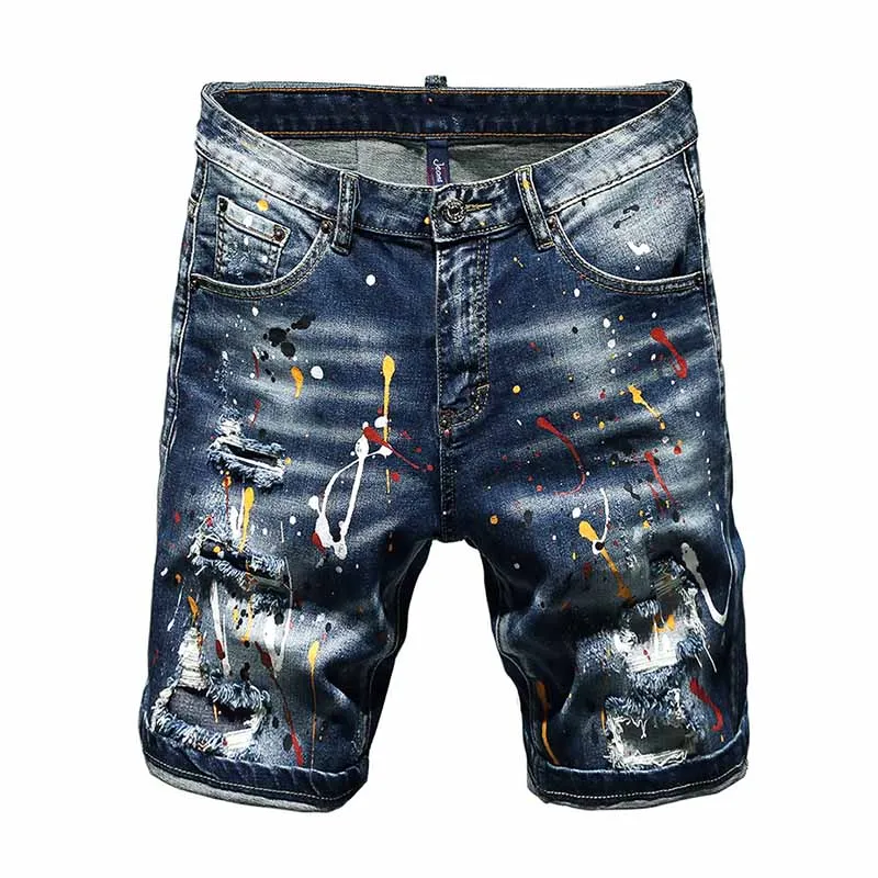 

KIOVNO Summer Men High Street Ripped Denim Shorts Oil Painted Short Jeans For Male Washed