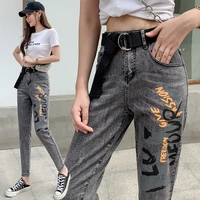 free belt women korea letter print jeans spring autumn high waist slim body pencil pants 2021 woman plus size black grey jeans