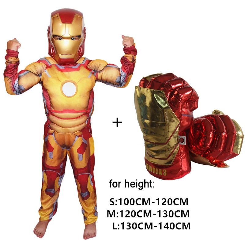 

New Kids Muscle Print Cosplay Costumes Clothes With Gloves Child Captain Hero Halloween Children's Day Gift