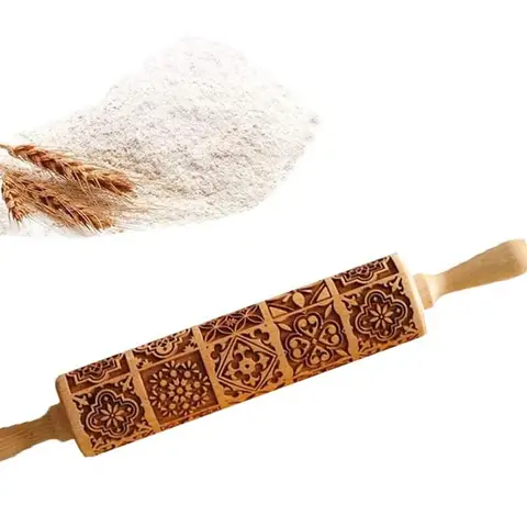 Деревянная скалка KITPIPI с рельефным рисунком