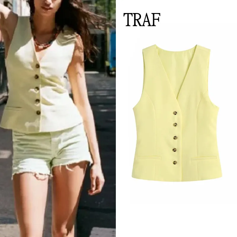 

TRAF Vest Women 2021 Fashion Sleeveless V-Neck Vest Jacket Office Ladies Crop Tops Woman Elegant Women Clothing Outerwear