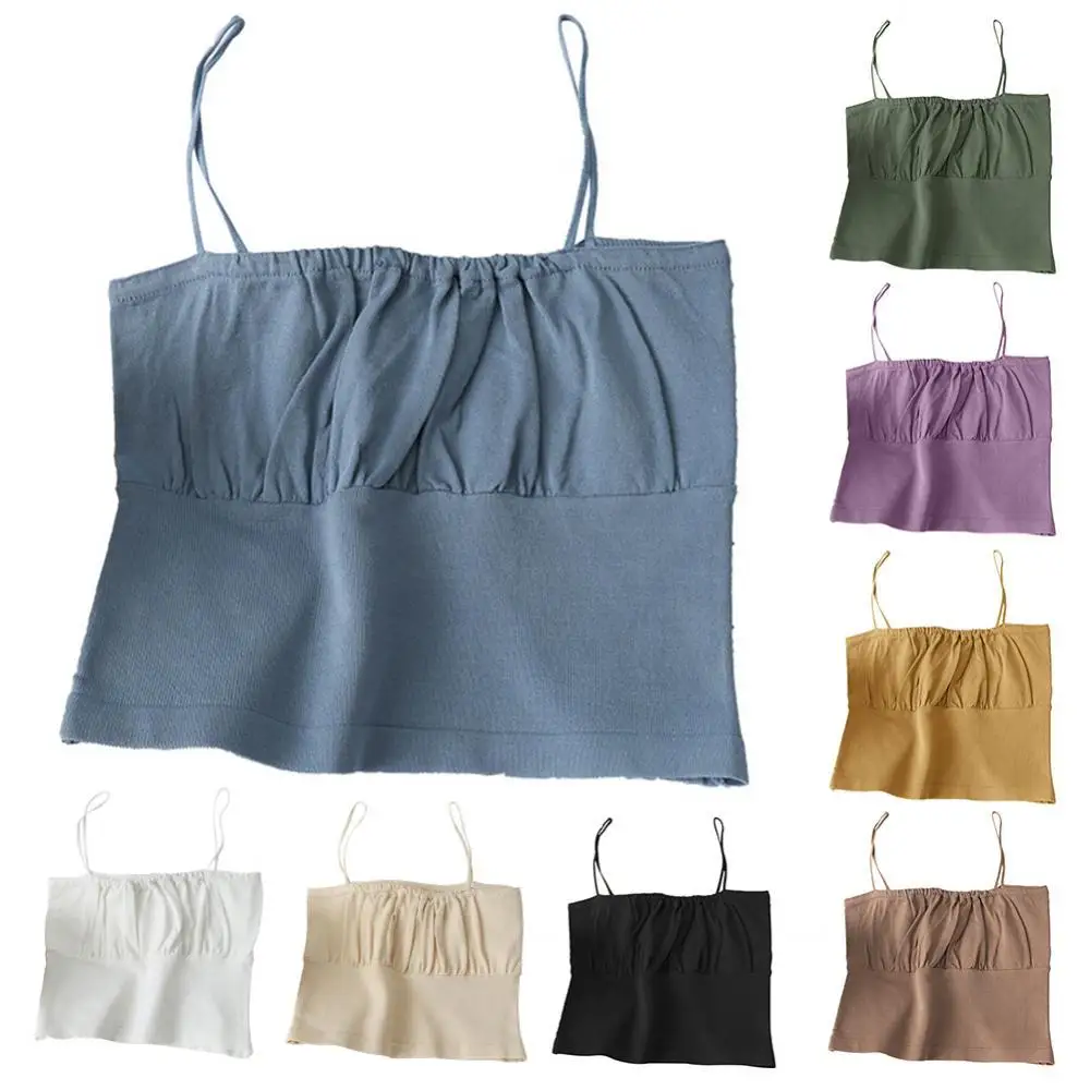 Women Solid Color Sleeveless Ruched Slim Knit Camisole Spaghetti Strap Tube Top