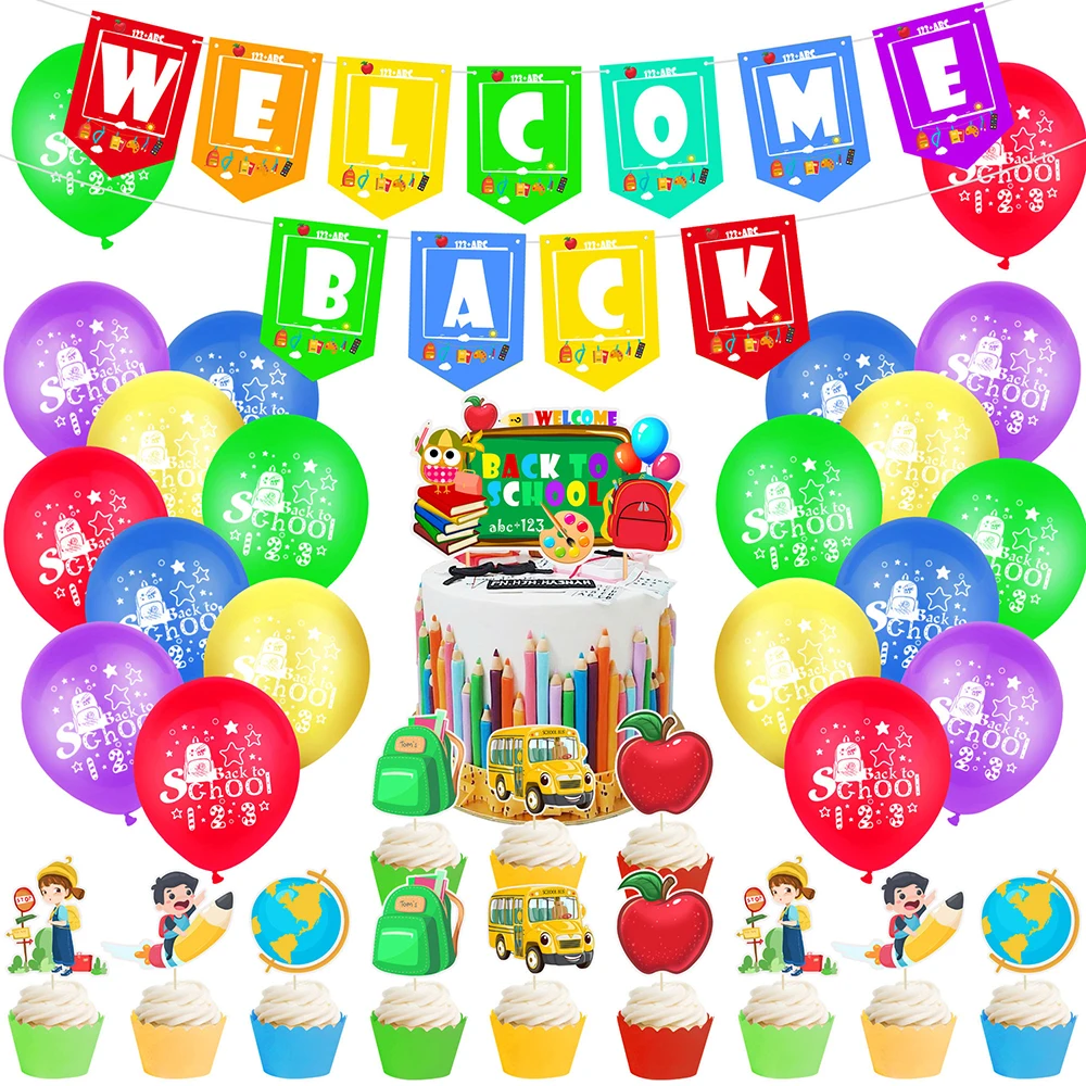 

School Season Welcome Back To School Party Latex Balloons Kids Students Party Globos Birthday Banner Cake Toppers Decorations