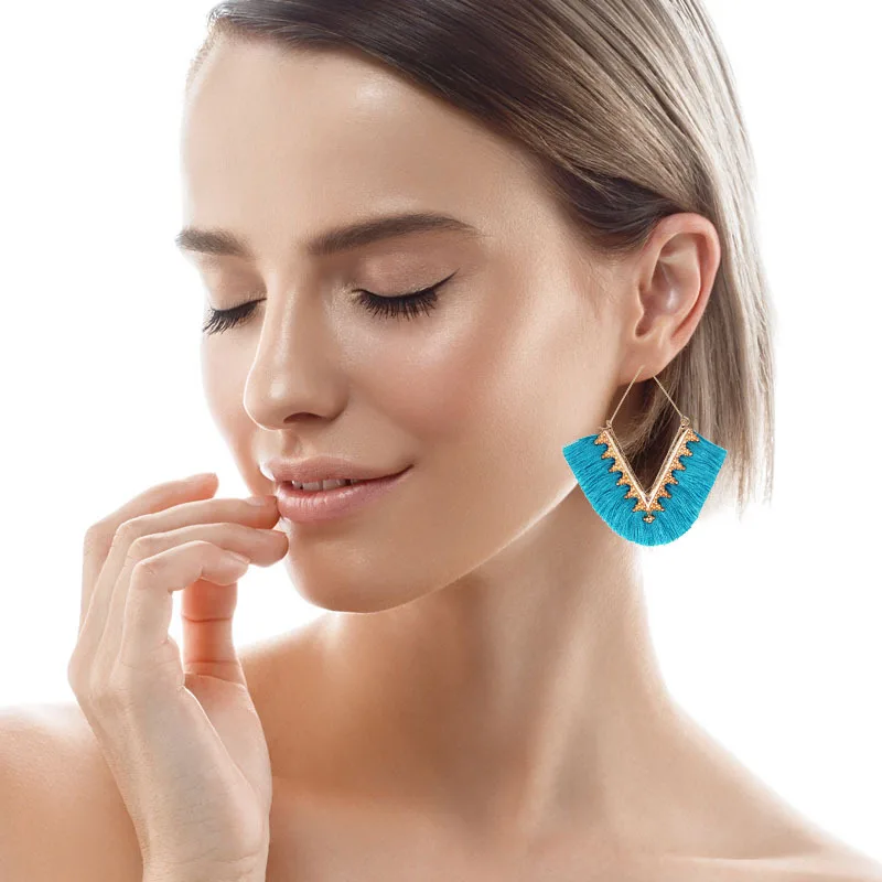 Euramerican Brand Trendy Geometric Metal Alloy V Shaped Dangle Earrings Spring Colorful Cotton Thread Tassel Earring for Women | Украшения