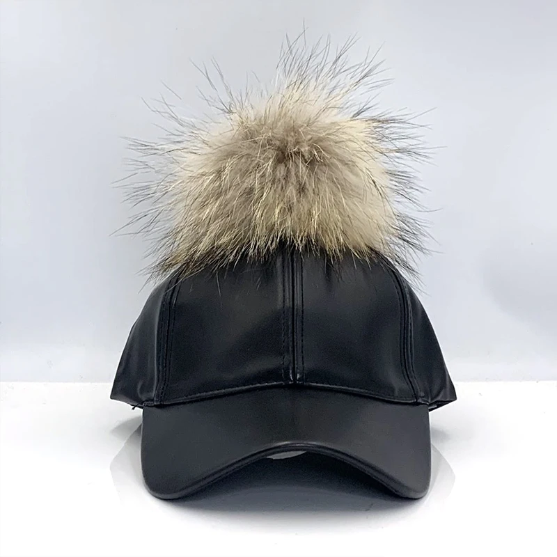 Бейсболка со съемным меховым помпоном кожаная кепка повседневная высокого