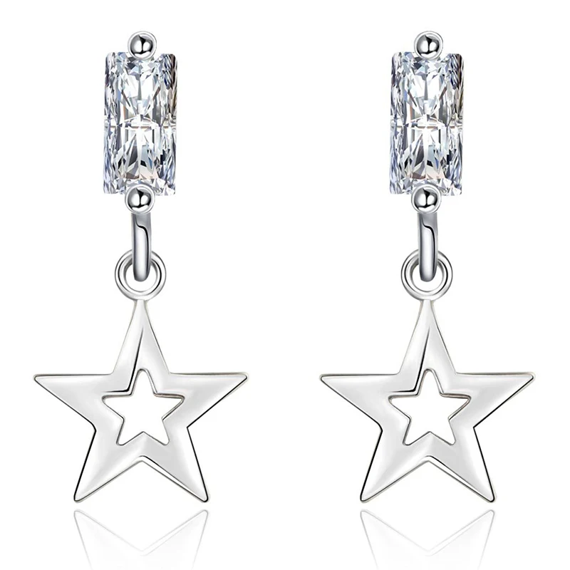 Женские блестящие серьги подвески со звездами и пентаграммой Серебристые с